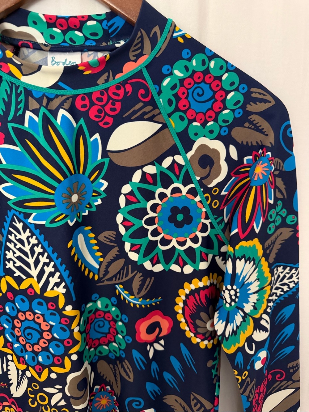 Boden Swim Rash Guard Colorful Multicolor Floral Print Long Sleeve -Navy - Sz 10 - Picture 5 of 9